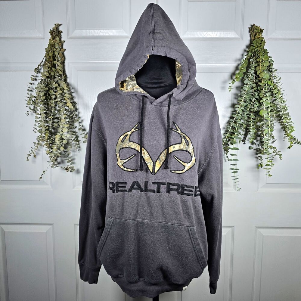 Realtree by Colosseum Men's Gray Logo Fleece Pullover Hoodie Pockets Size L Camo